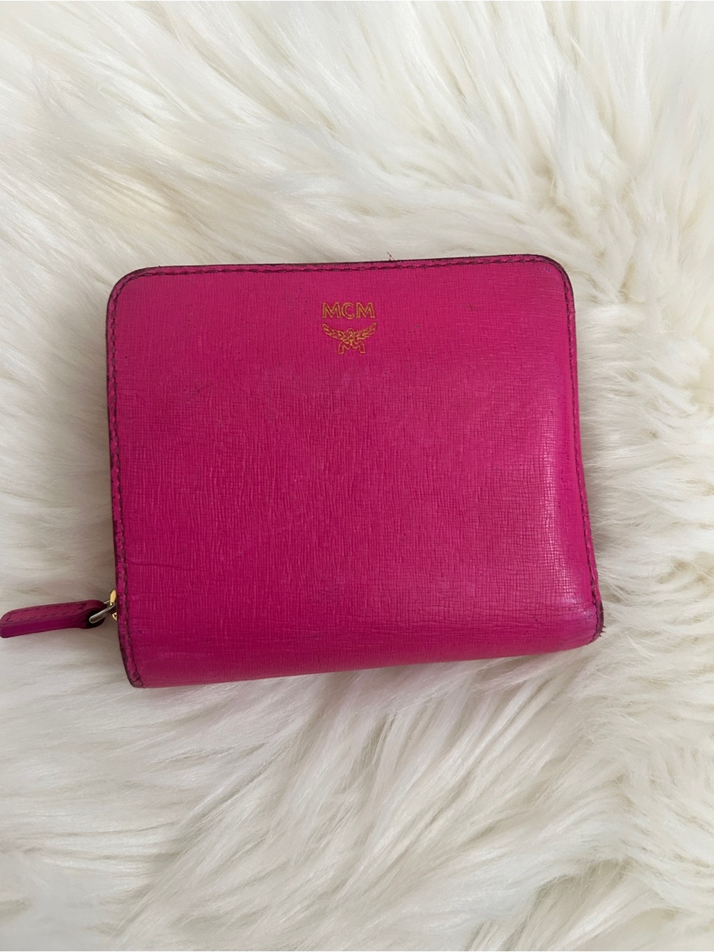 MCM pink compact leather wallet fold zip around